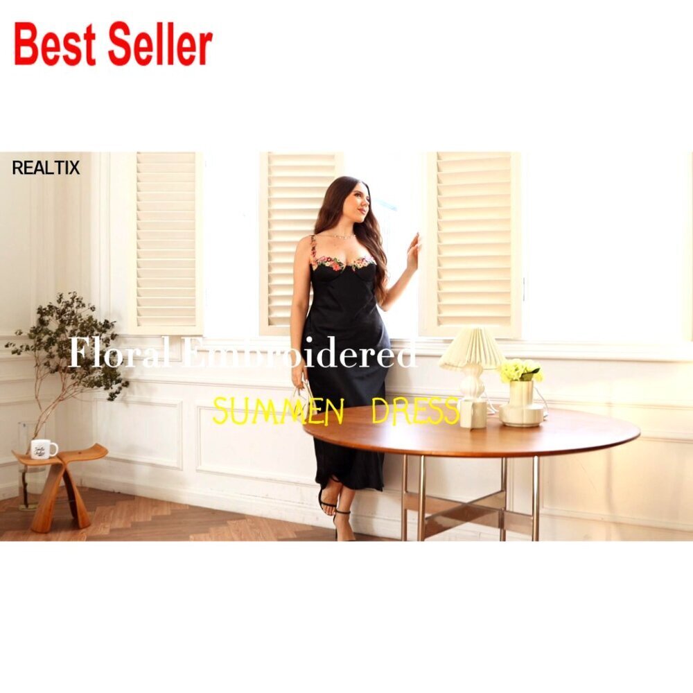 Satin Spaghetti Strap Maxi Dress Floral Embroidered Backless Slit Formal Elegant - Picture 6 of 6